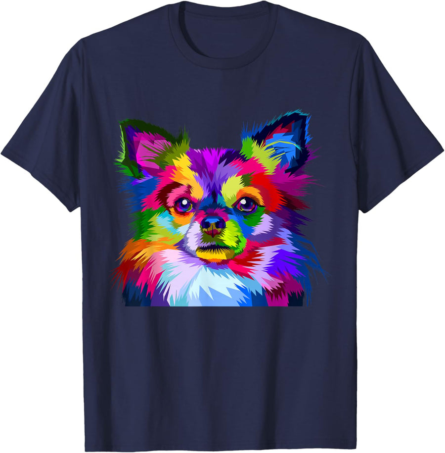 Long Hair Chihuahua Pop Art Portrait Art for Dog Owners T-Shirt - Navy Blue