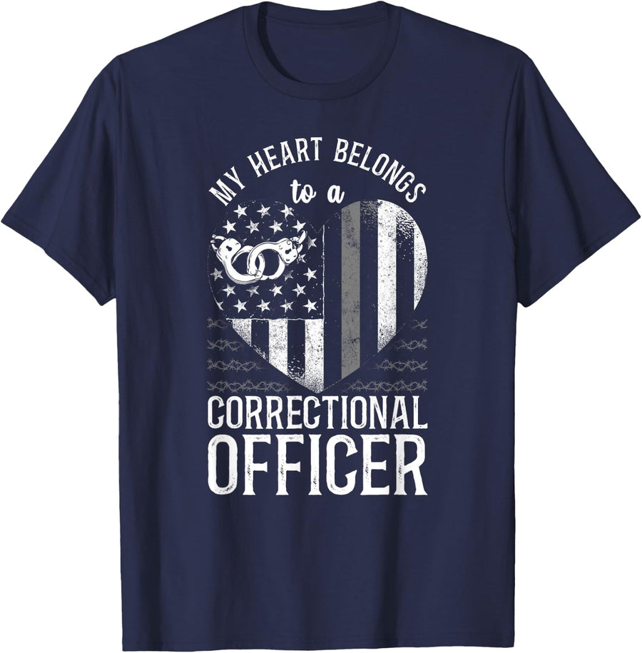 Correctional Officer Girlfriend Wife Heart American Flag T-Shirt - Navy Blue