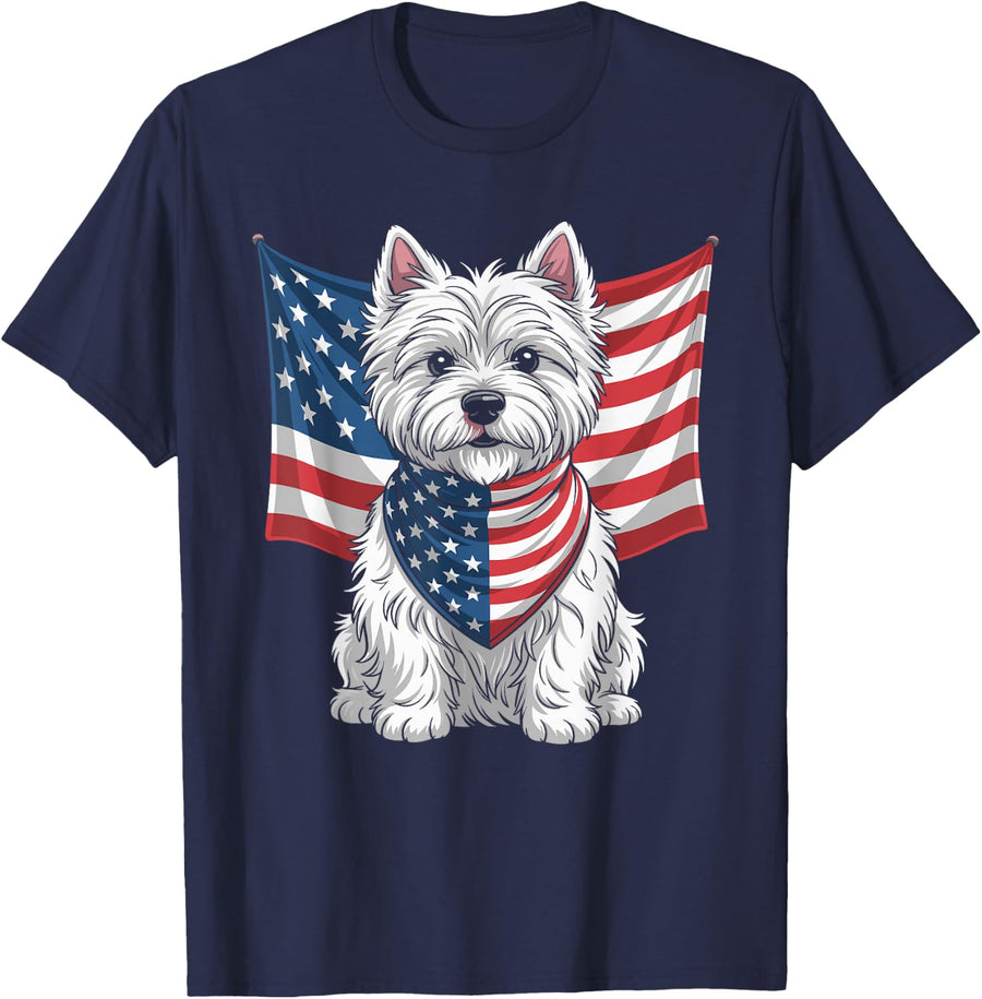 USA American Terrier Dog Pet Animal West Highland Westie T-Shirt - Navy Blue