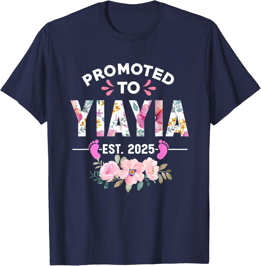 Soon to be Yiayia 2025 Mothers Day Gifts for Women Women's Floral Letter Print Black Small Classic Fit Modern Round Neck