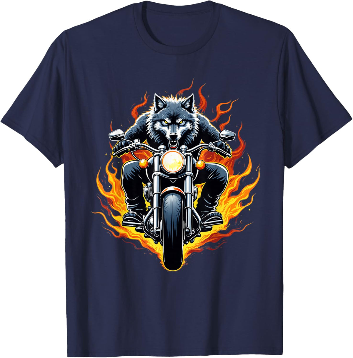Wolf Riding a Motorcycle Design Funny Wolf T-Shirt - Navy Blue