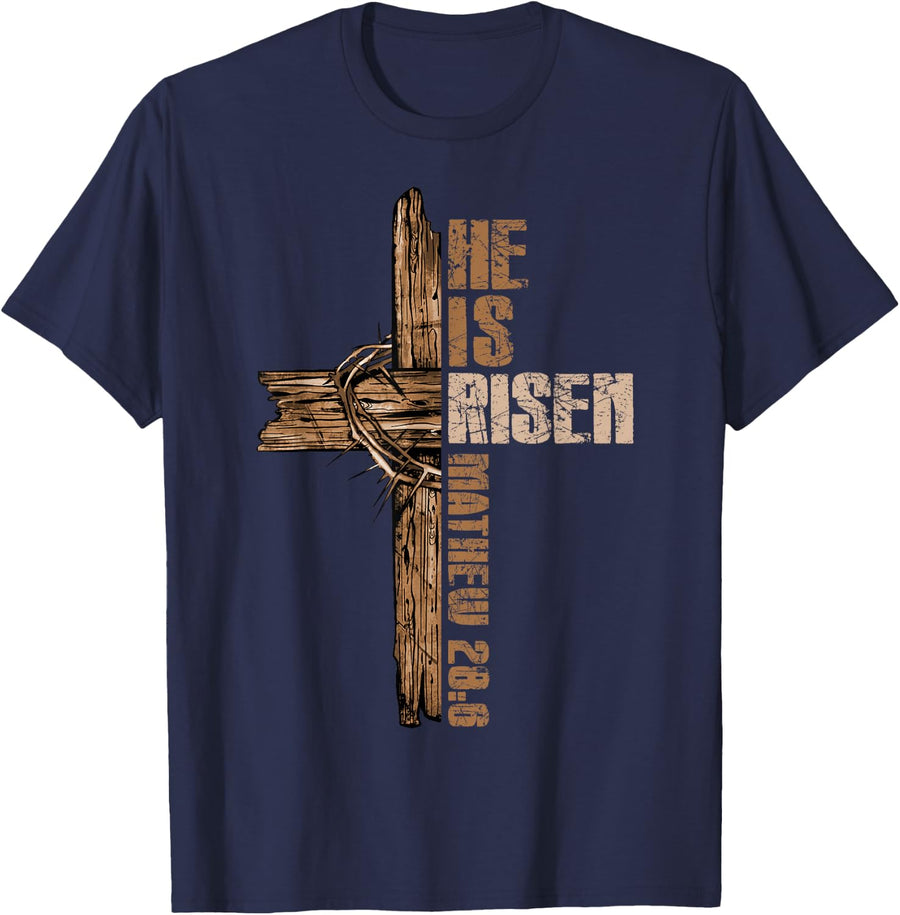 Easter Cross He Is Risen Jesus Christian Happy Easter Men T-Shirt - Navy Blue