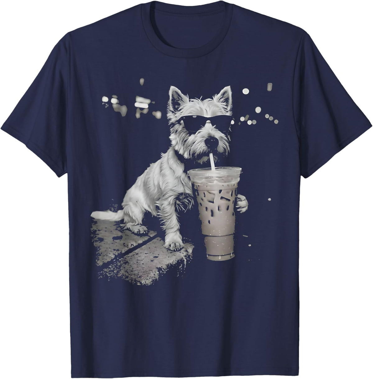 Funny Dog Westie Drinking Iced Coffee Sunglasses Graphic T-Shirt - Navy Blue