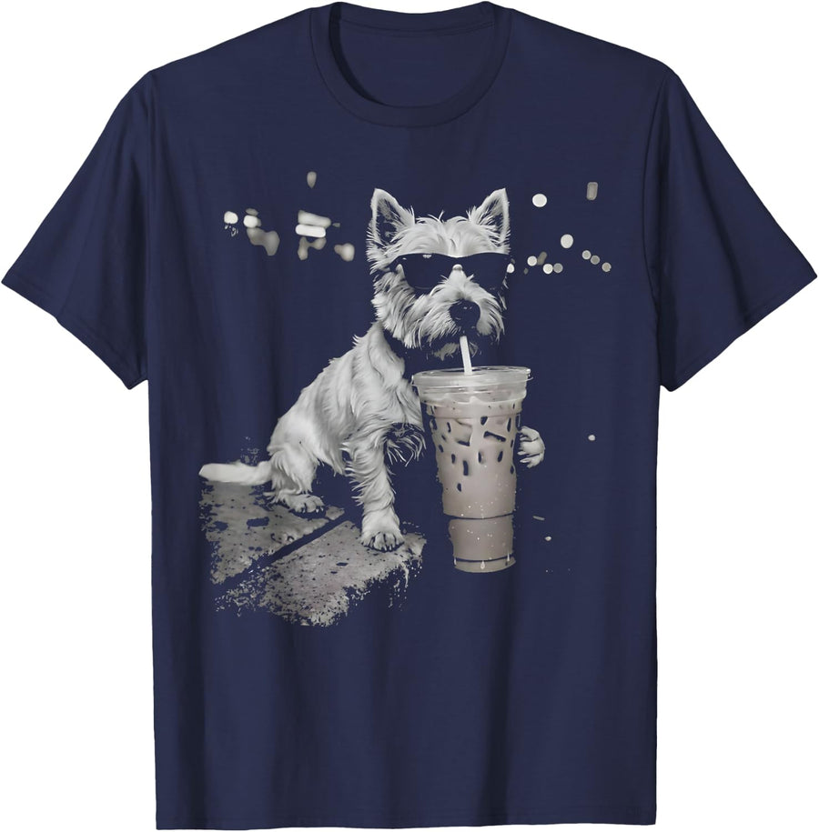 Funny Dog Westie Drinking Iced Coffee Sunglasses Graphic T-Shirt - Navy Blue