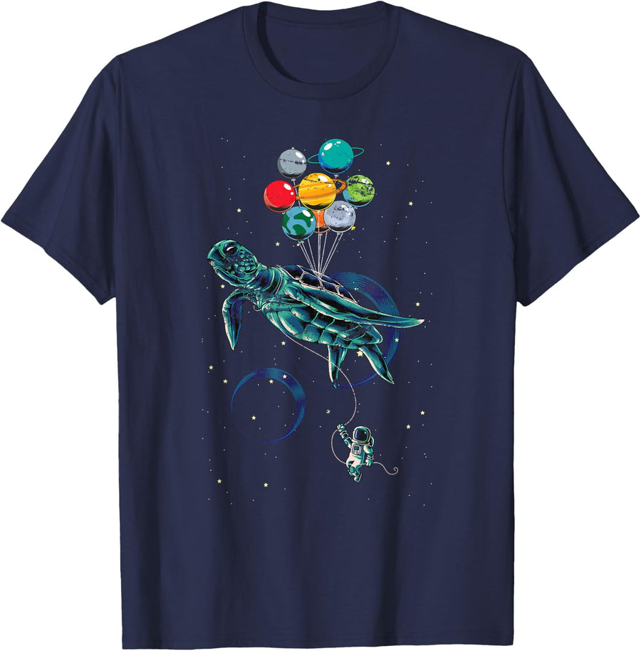 Science Turtle Space Travel Animal Balloon Planets Astronaut T-Shirt - Navy Blue