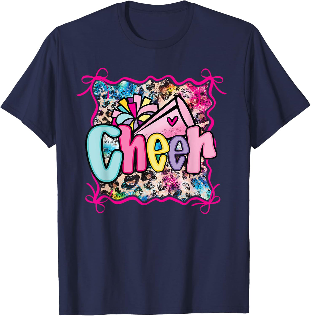 Rainbow Coquette Cheer Cheerleader Pom Megaphone Girl Bow T-Shirt - Navy Blue
