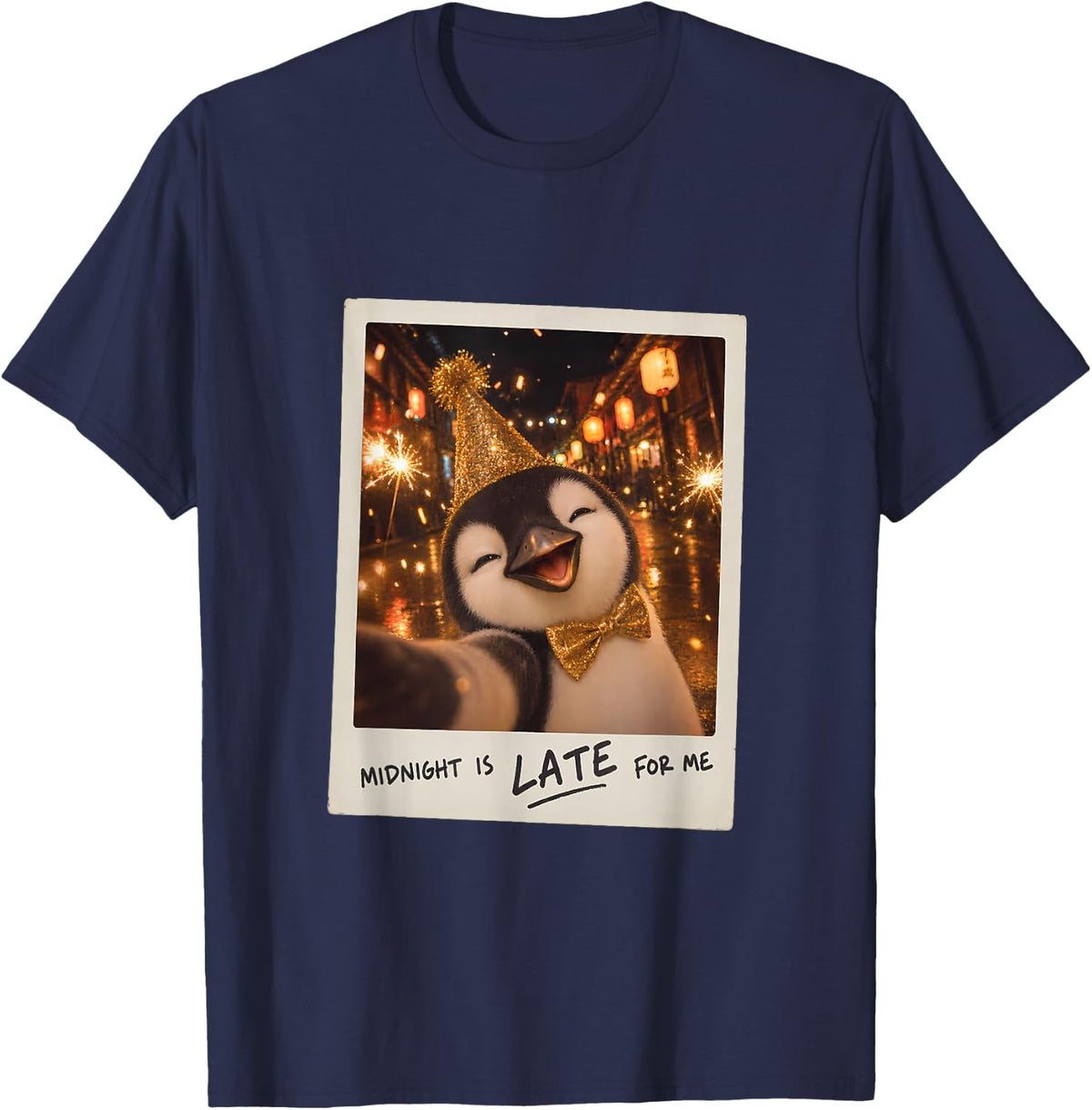 Midnight is Late for Me Penguin New Year Humor T-Shirt - Navy Blue