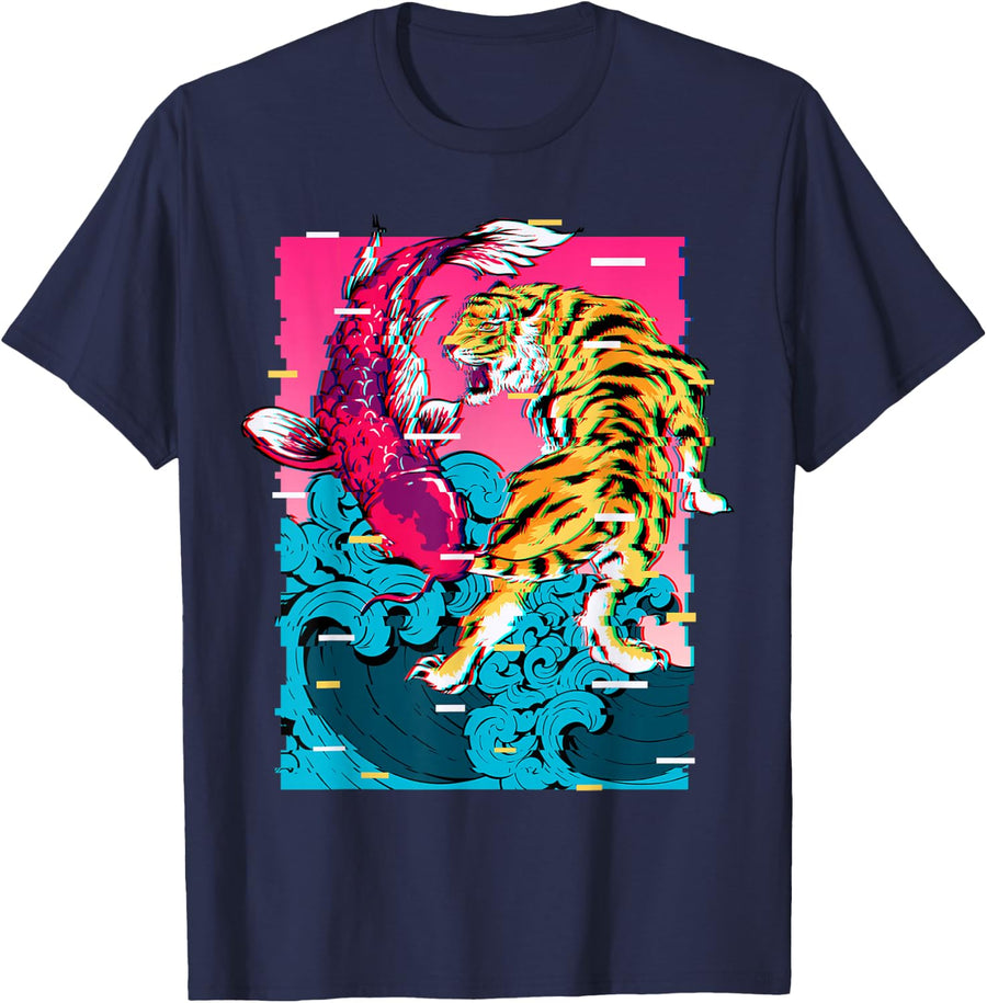 Japanese Koi Fish Carp Tiger Yin Yang Kanagawa Vaporwave T-Shirt - Navy Blue