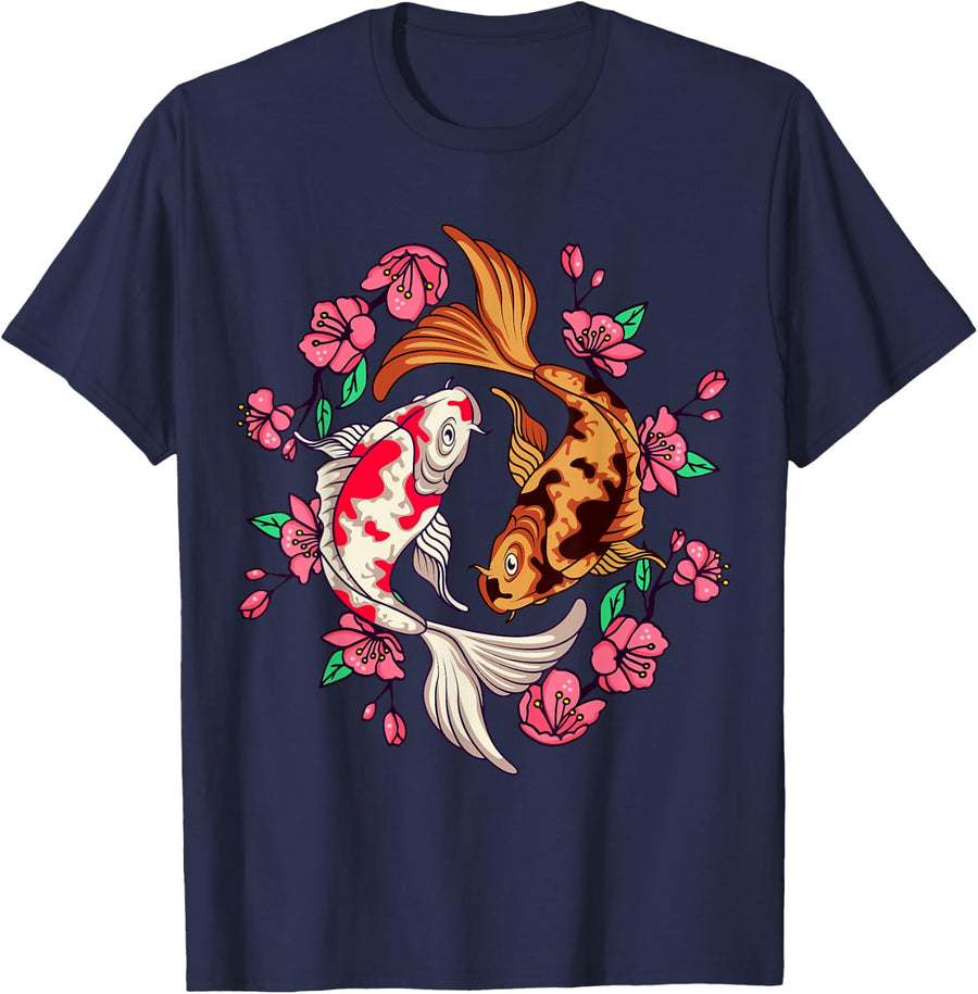 Koi Carp Fish Japanese Cherry Blossom Sakura Nishikigoi Carp T-Shirt - Navy Blue