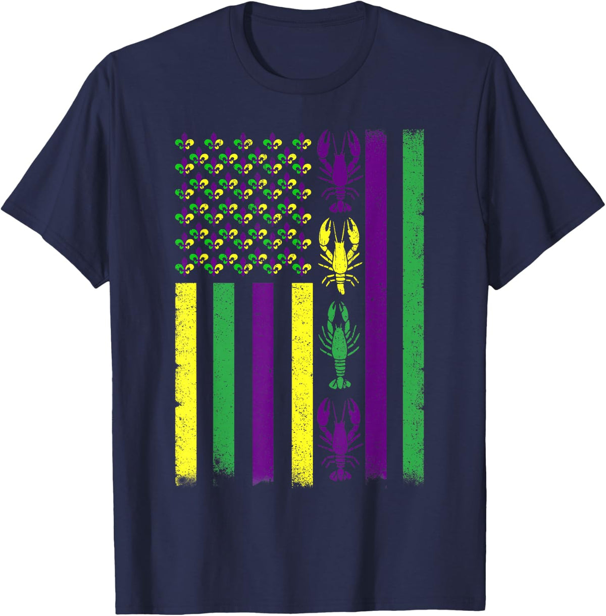 Mardi Gras Crawfish USA American Flag Men Women Kid Outfit T-Shirt - Navy Blue