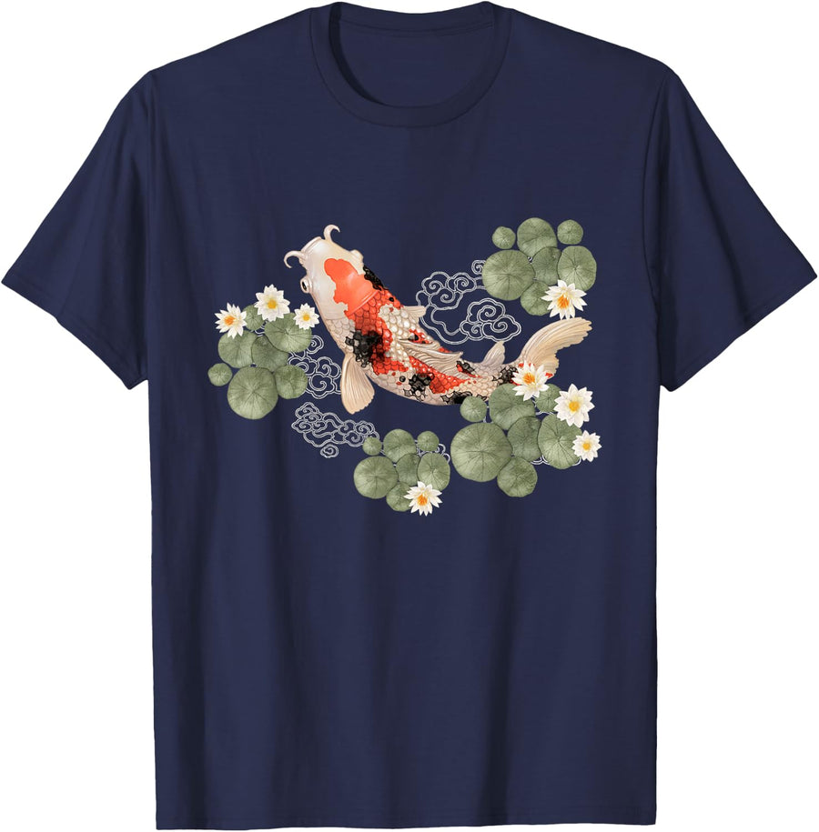 Japanese Koi Fish Art Lotus Pond Zen Carp Japan Nature T-Shirt - Navy Blue