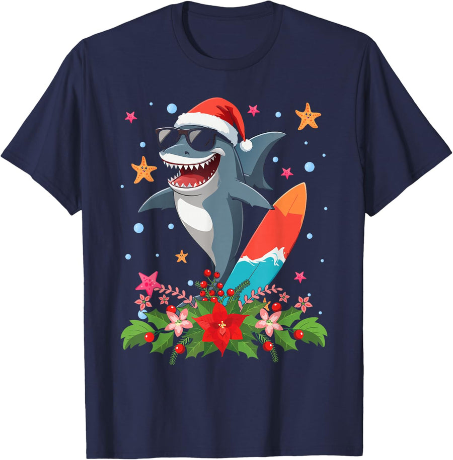 Funny Shark Hawaiian Summer Surfing Shark Christmas in July T-Shirt - Navy Blue