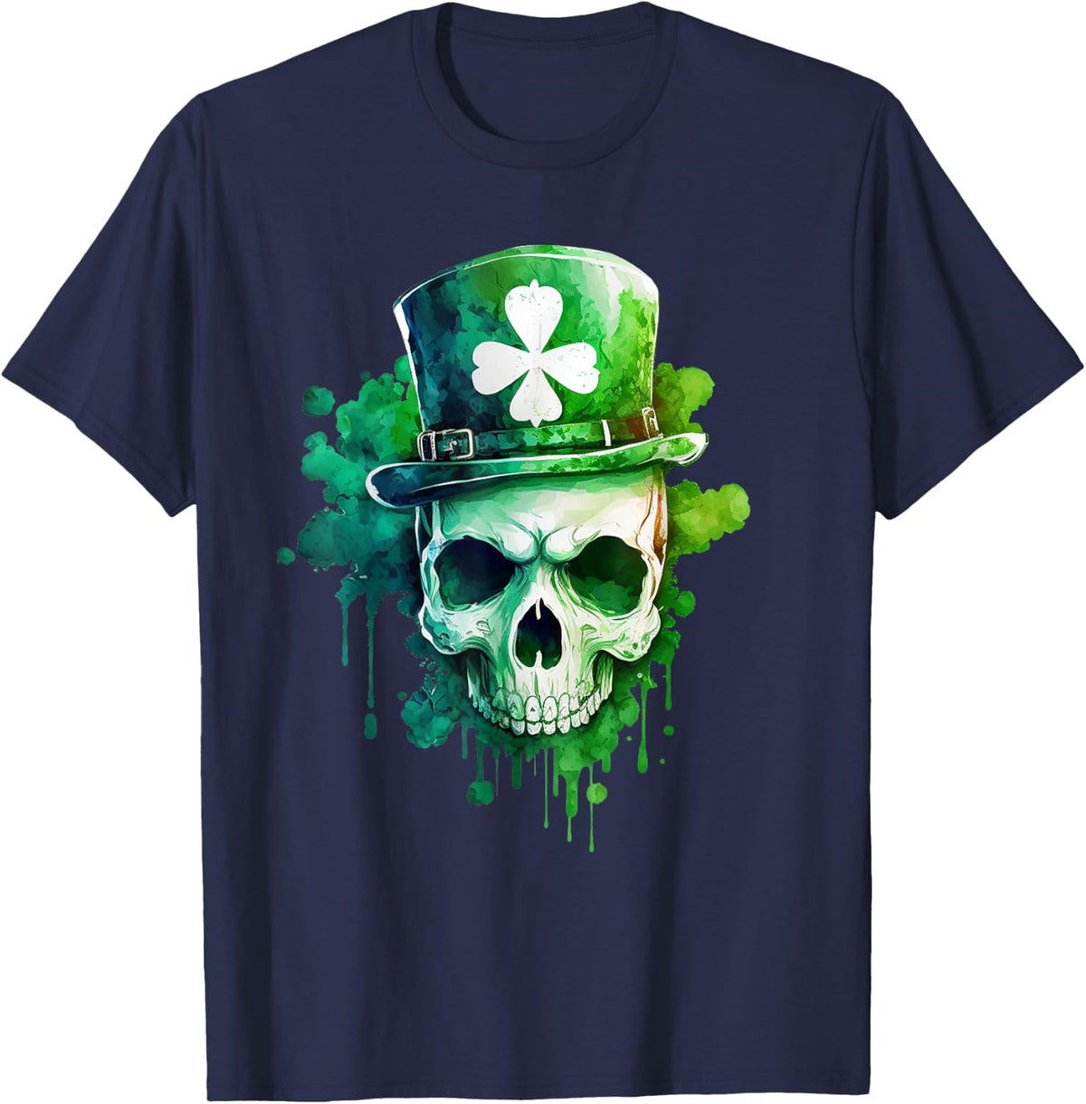 St Patricks Day Irish Clover Leprechaun Shamrock Skull T-Shirt - Navy Blue