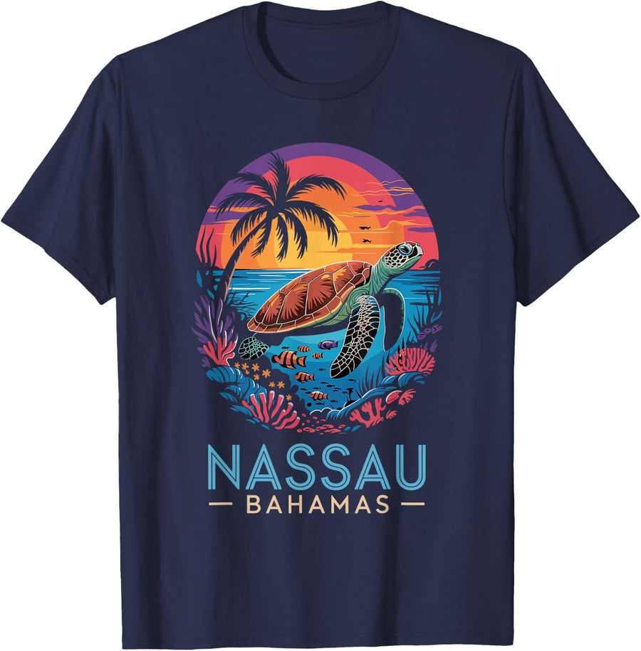 Nassau Bahamas Sea Turtle Shirt Sunset Tee T-Shirt Souvenir Gift for Men Women - Navy Blue