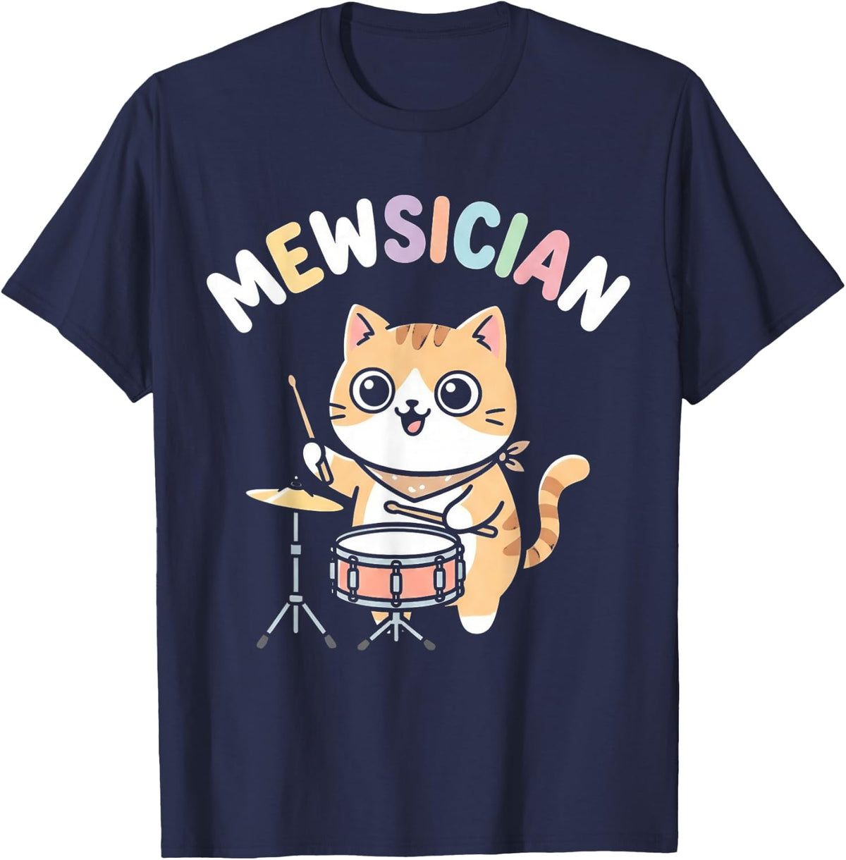 Mewsician Drummer Cat Cute Kawaii Funny Musician T-Shirt - Navy Blue