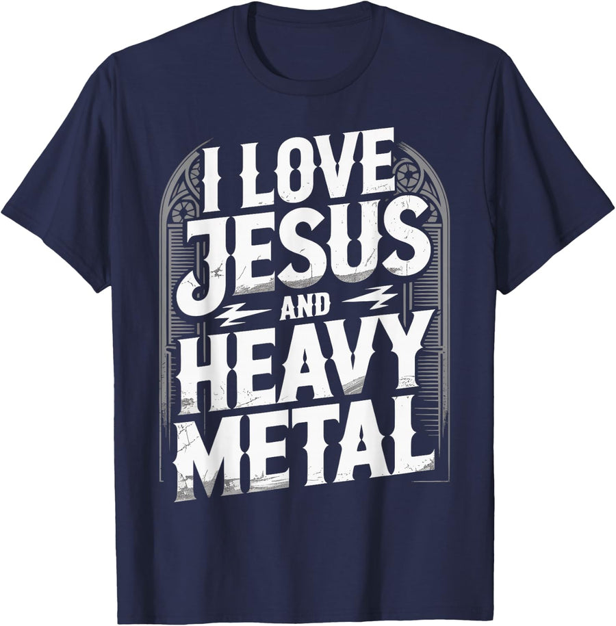 I Love Jesus And Heavy Metal T-Shirt - Navy Blue
