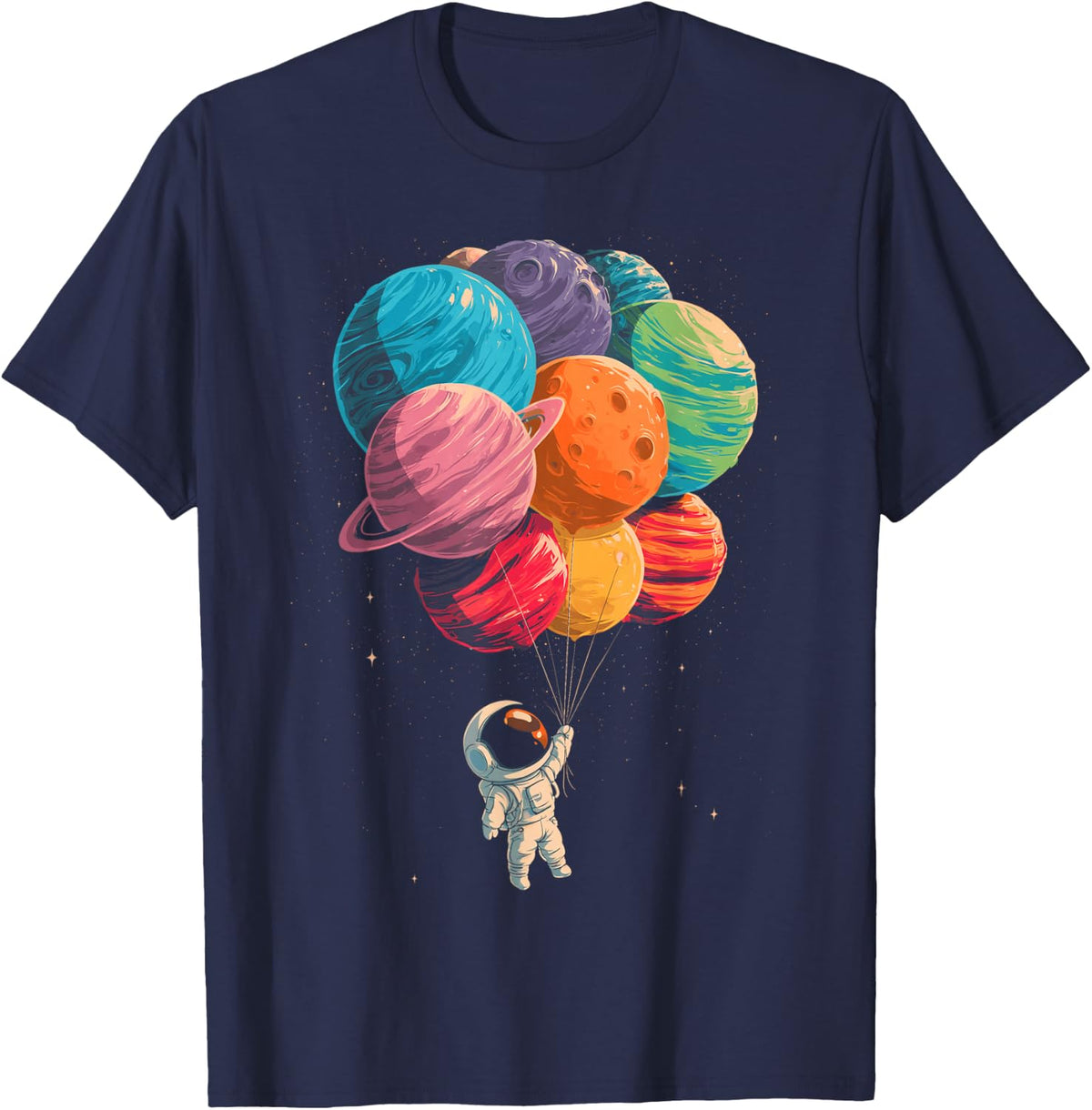 Funny Astronaut Floating in Space Holding Planet Balloons T-Shirt - Navy Blue