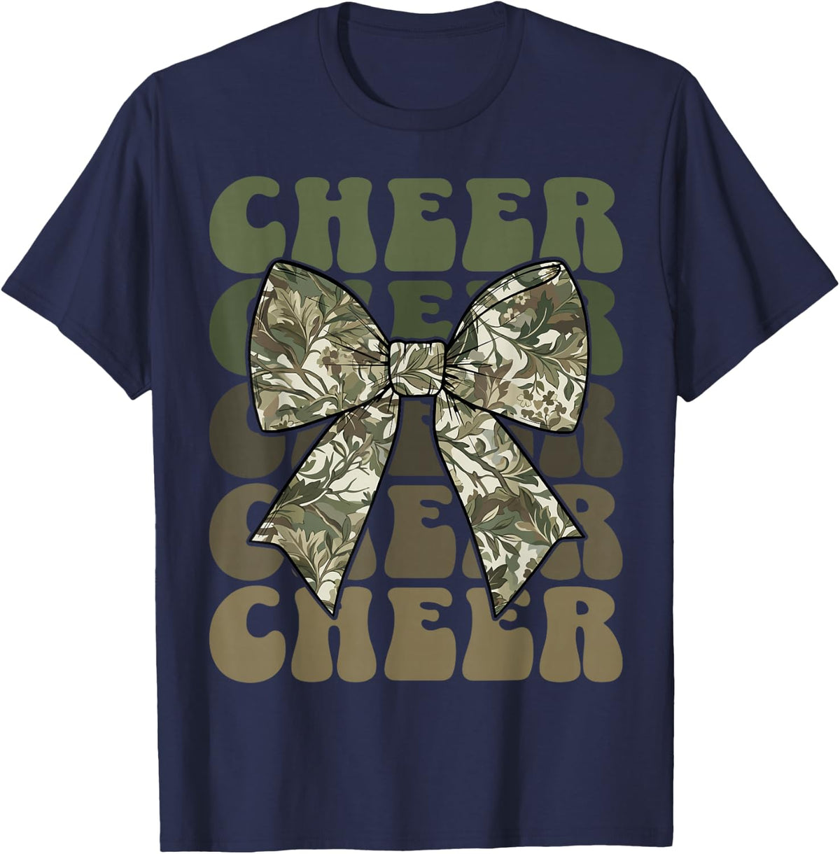 Camo Floral Coquette Cheer Bow Groovy Camouflage Cheerleader T-Shirt - Navy Blue