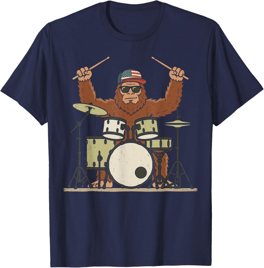 Sasquatch Drummer Drum Set Percussion Musician Music Lover T-Shirt - Navy Blue