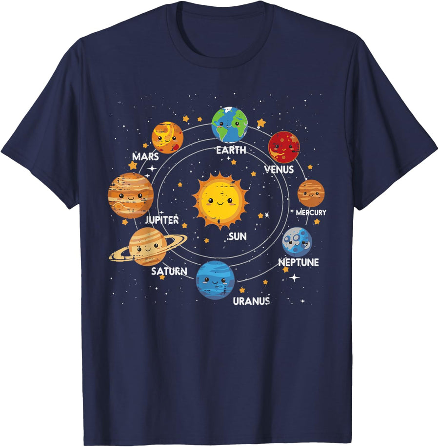 Planets Around Sun Solar System Space Galaxy Kids Women Men T-Shirt - Navy Blue