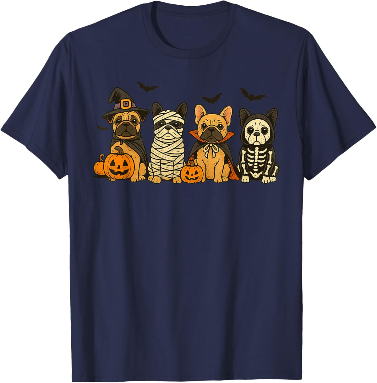 Halloween French Bulldog Dogs Witch Mummy Skeleton T-Shirt - Navy Blue