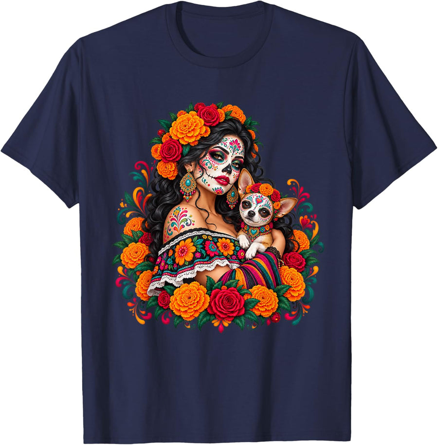 Dia de Los Muertos Catrina Woman Chihuahua Floral Fiesta T-Shirt - Navy Blue