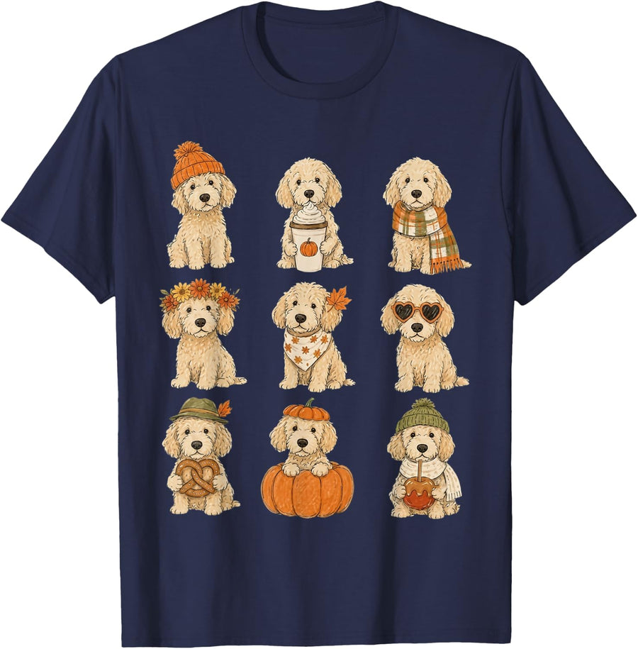 Cute Fall Goldendoodle Dogs Autumn Thanksgiving T-Shirt - Navy Blue