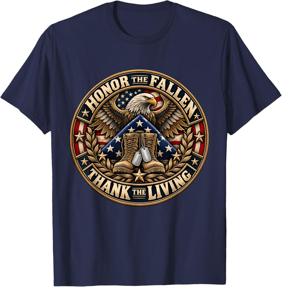 Honor The Fallen Thank The Living Patriotic Bald Eagle USA T-Shirt - Navy Blue