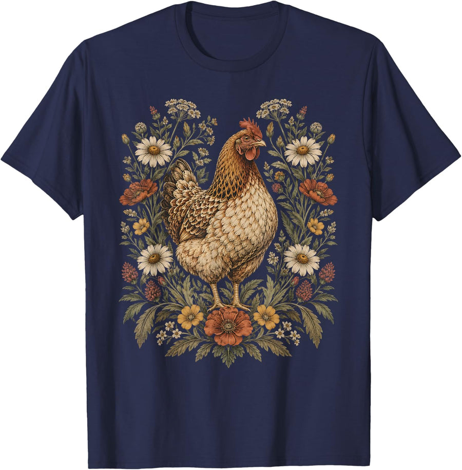 Chicken Floral Art - Farm Chicken Lover T-Shirt - Navy Blue
