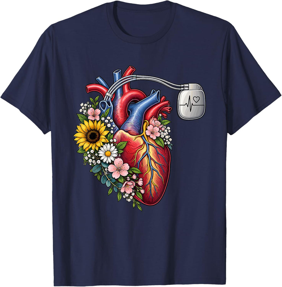 Heart Flower Pacemaker Device Cardiology Cardiac Pacemaker T-Shirt - Navy Blue