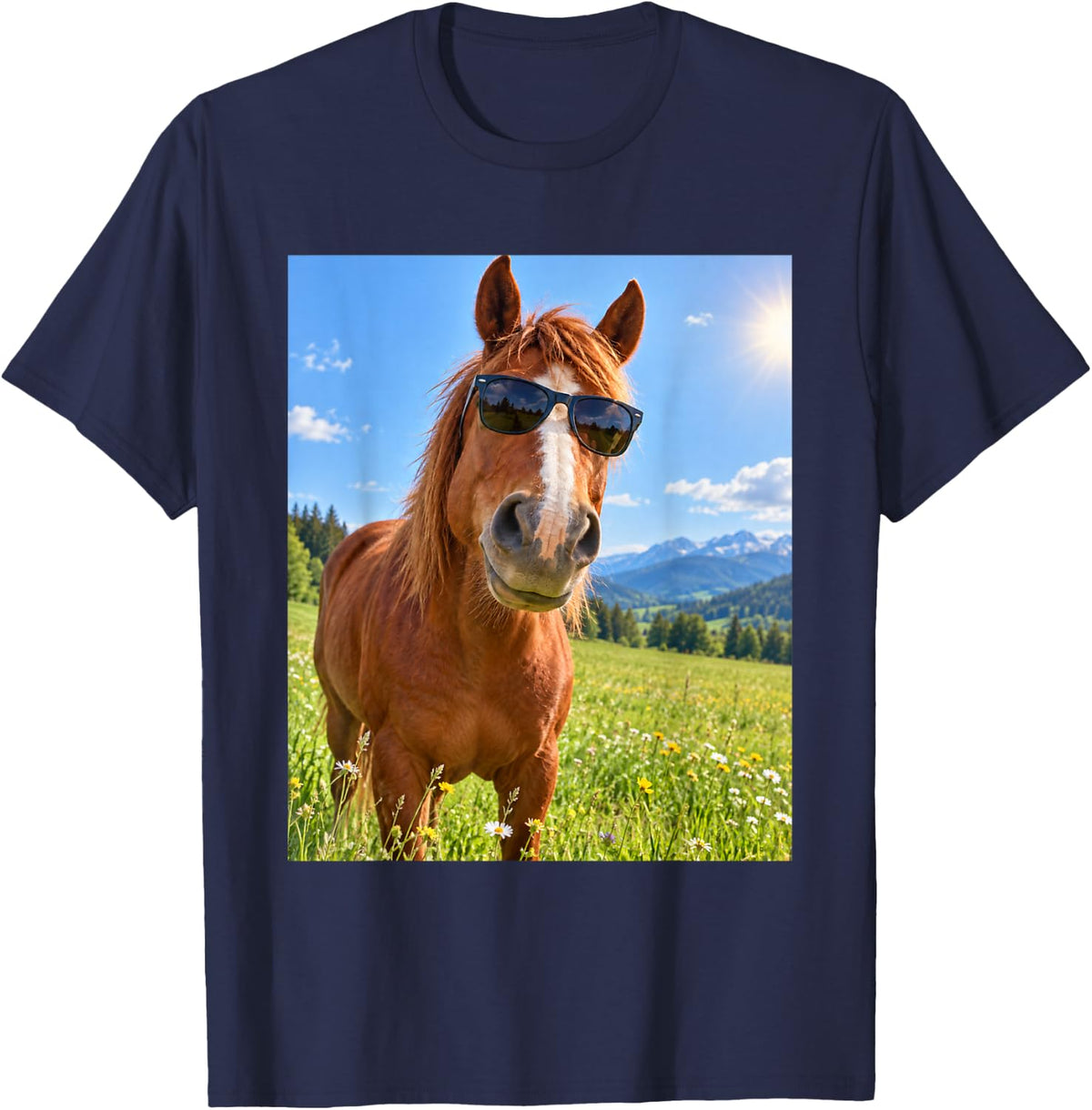Horse Wearing Sunglasses Equestrian Riding Funny Graphic T-Shirt - Navy Blue