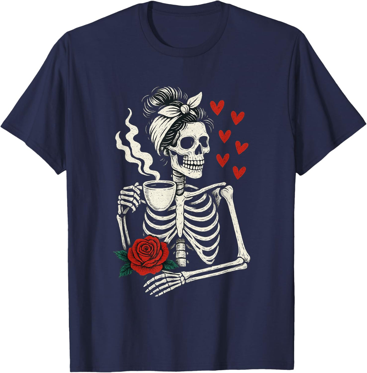 Valentines Day Woman Skeleton Messy Bun Coffee Funny Women T-Shirt - Navy Blue