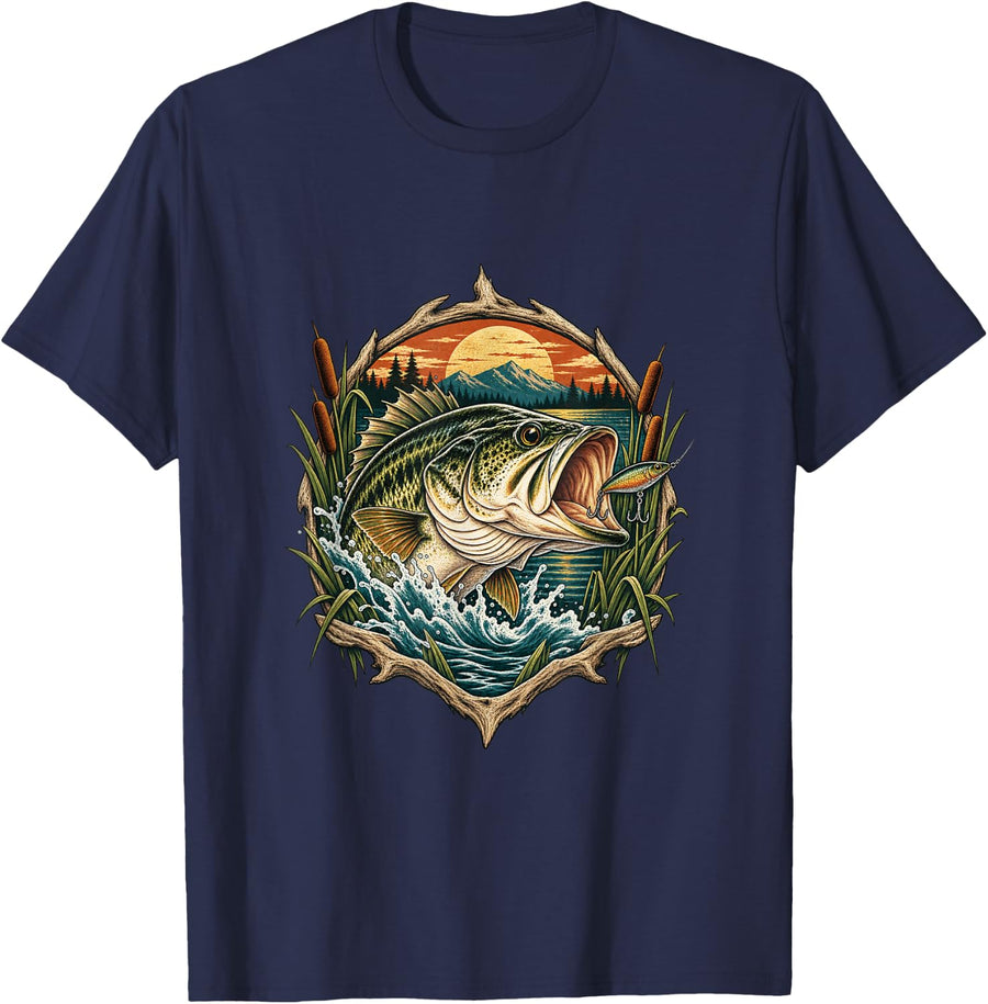 Bass Fishing Fish Angler Hobby T-Shirt - Navy Blue