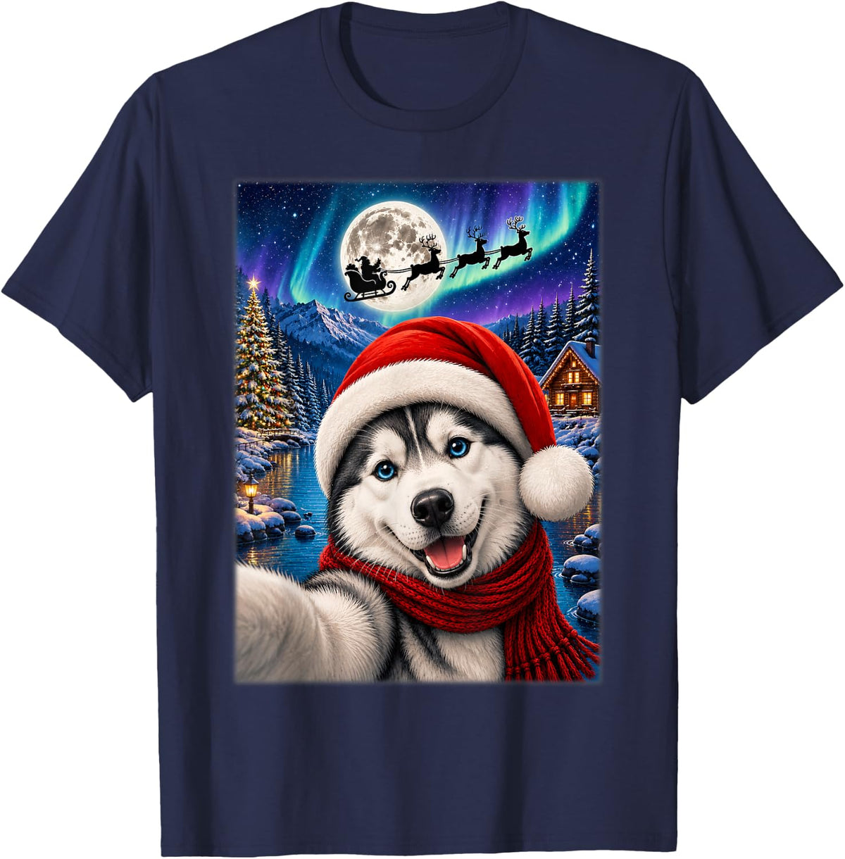 Siberian Husky Dog Christmas Moon Night Santa Sleigh Xmas T-Shirt - Navy Blue