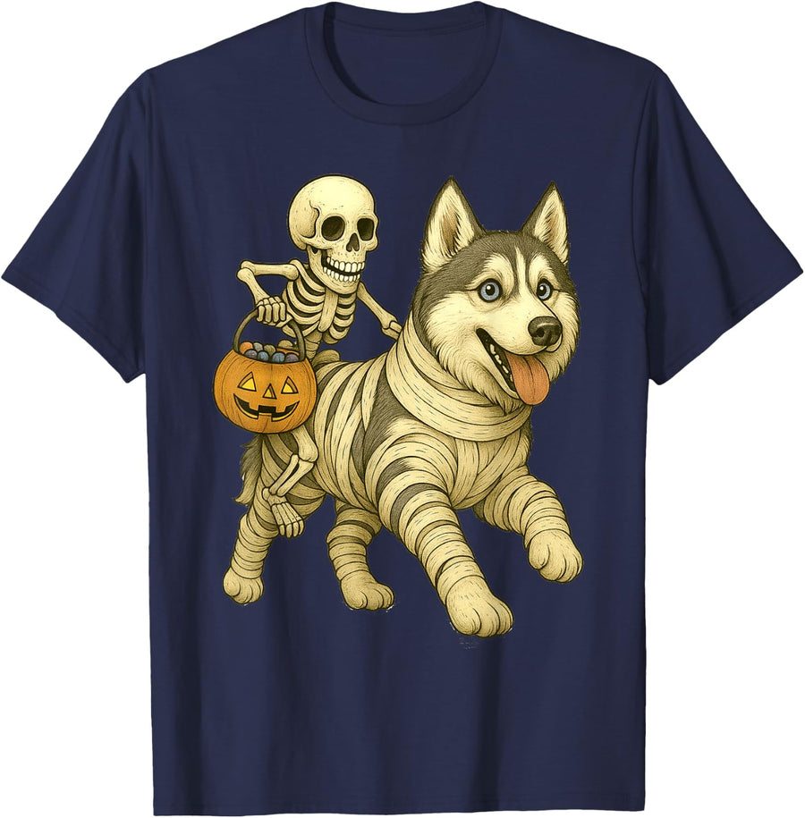 Skeleton Riding Mummy Siberian Husky Dog Halloween Funny T-Shirt - Navy Blue