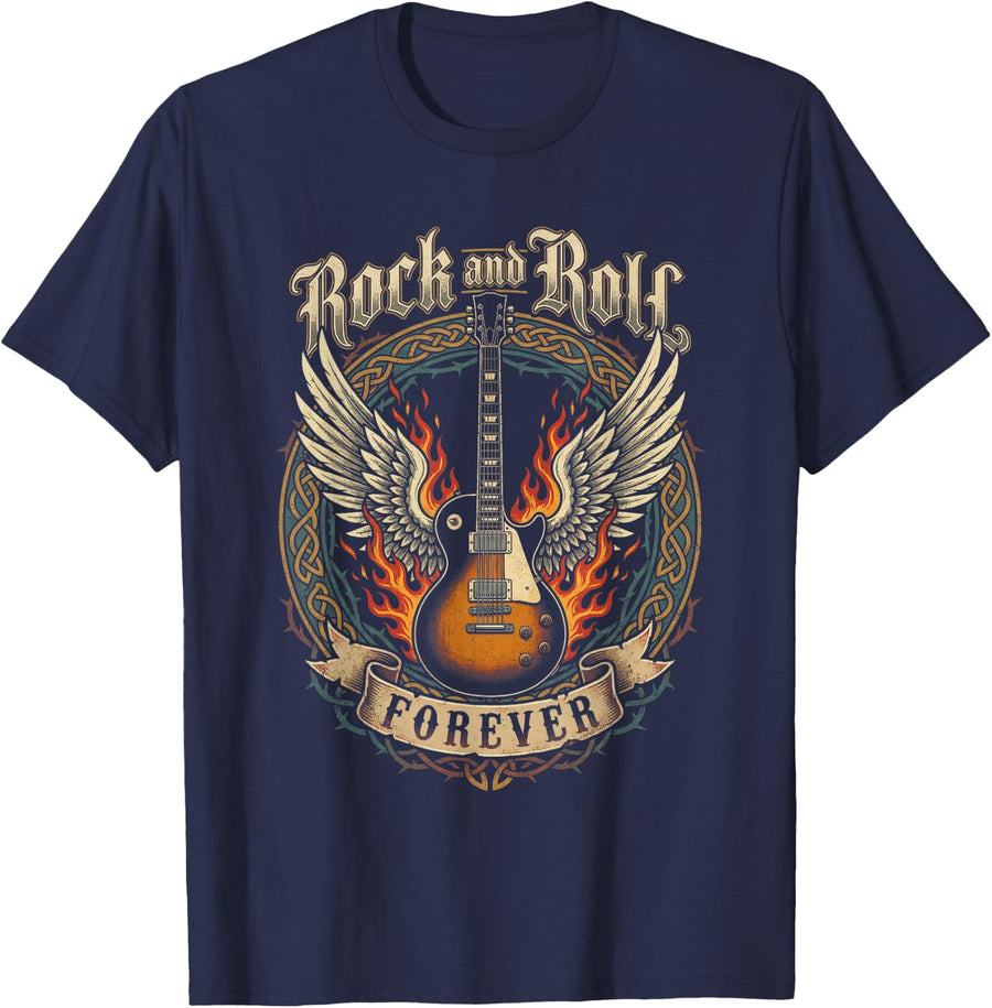 Guitar Wings Vintage Retro Classic Rock and Roll Music T-Shirt - Navy Blue