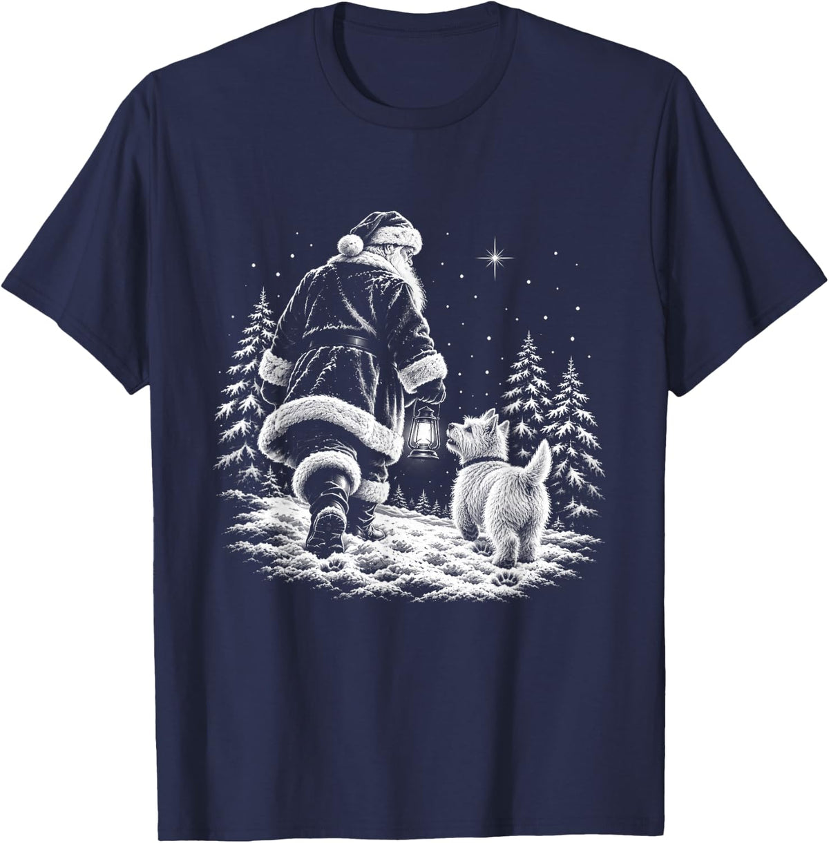 West Highland White Terrier Christmas Dog Walking with Santa T-Shirt - Navy Blue