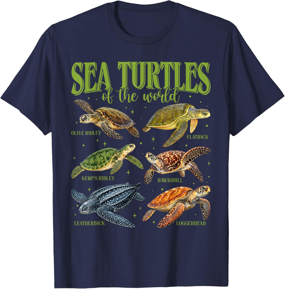 Vinatge Sea Turtles of The World Ocean Marine Biology T-Shirt - Navy Blue