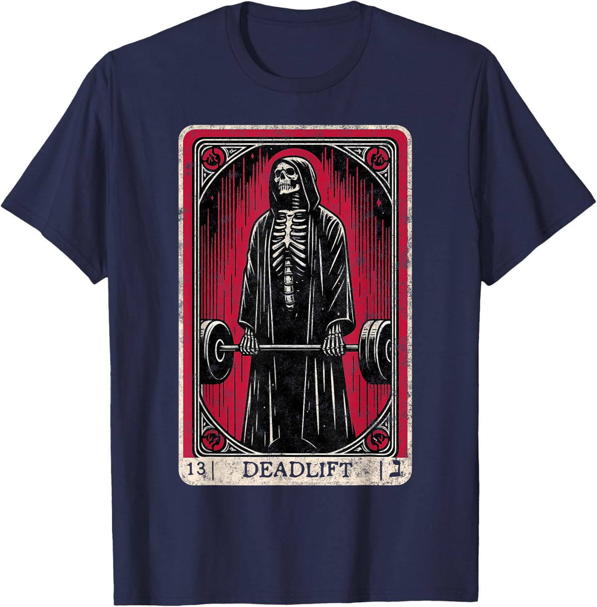 Vintage Deadlift Skeleton Halloween Gym Jokes Weightlifting T-Shirt - Navy Blue