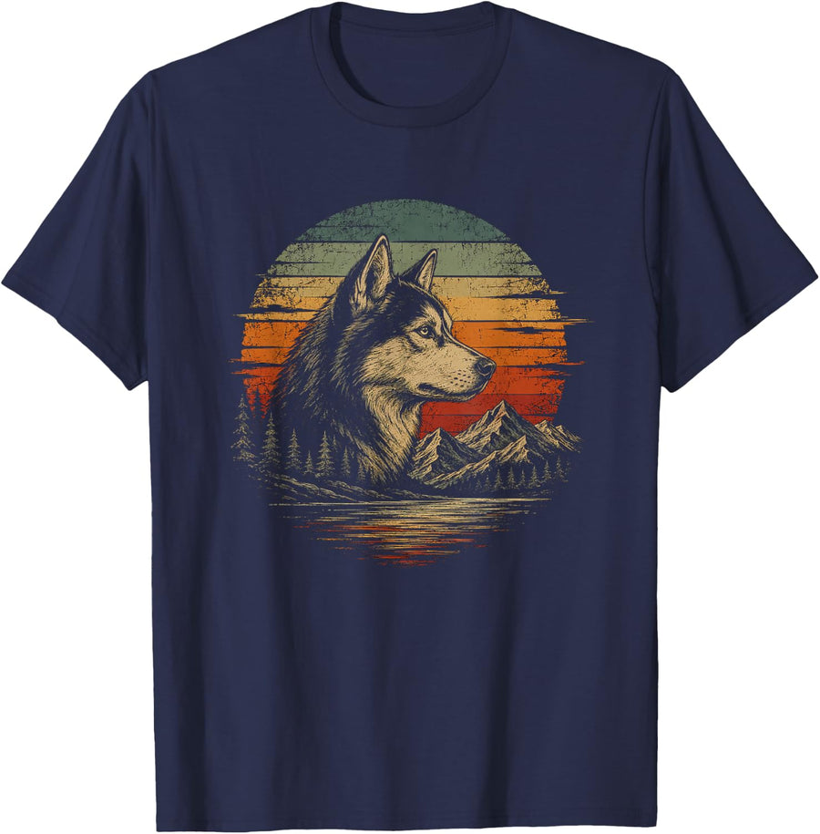 Retro Siberian Husky Artwork Graphic T-Shirt - Navy Blue