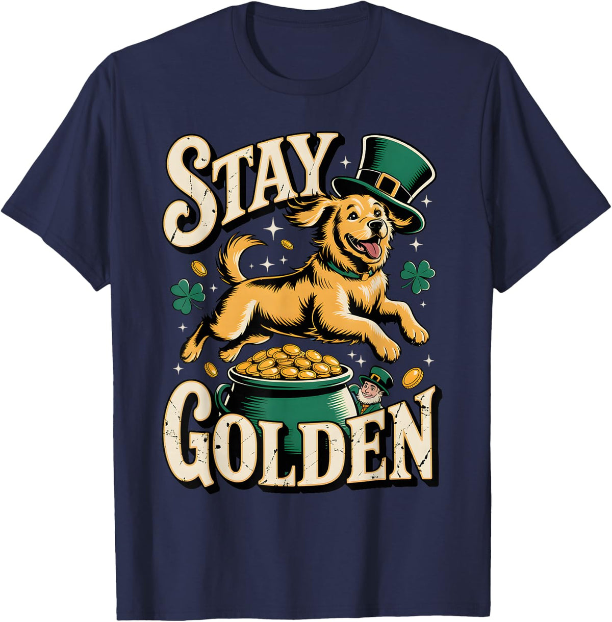 St Patrick Day Dog Shamrock Irish Golden Retriever Pot T-Shirt - Navy Blue