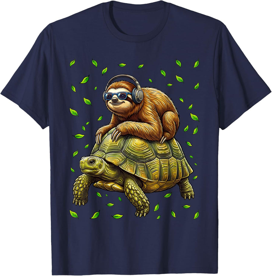 Sloth Riding Turtle - Lazy Sloth T-Shirt - Navy Blue