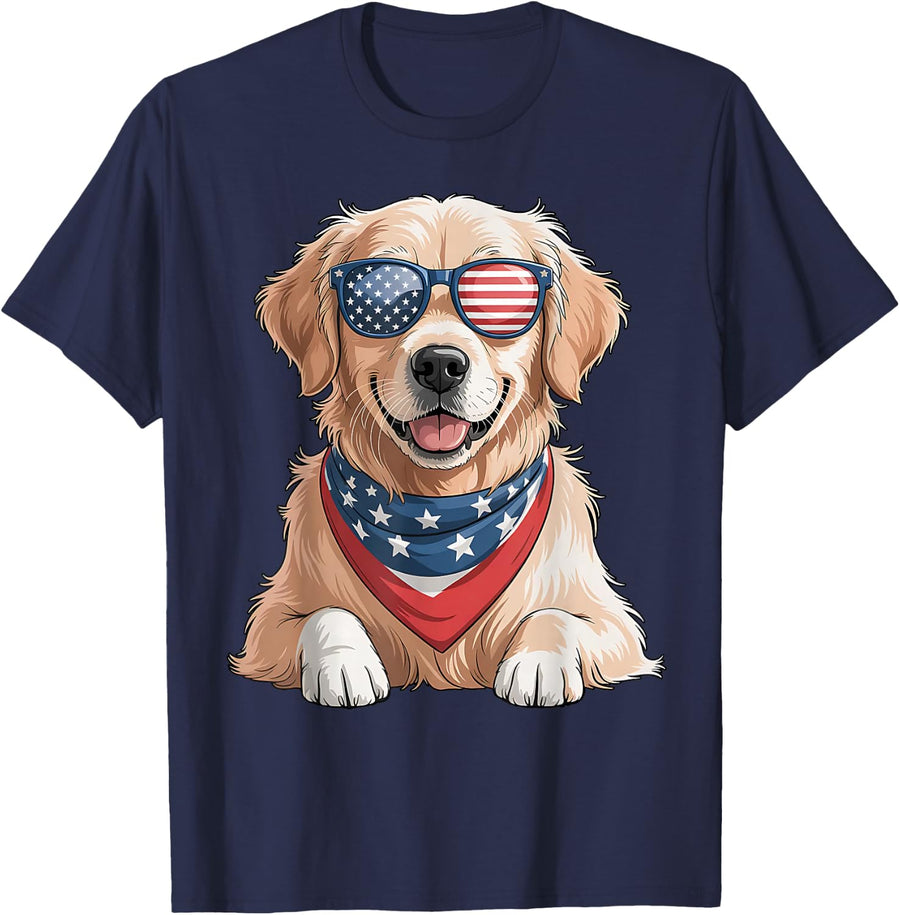 Golden Retriever American Flag Bandana 4th of July T-Shirt - Navy Blue