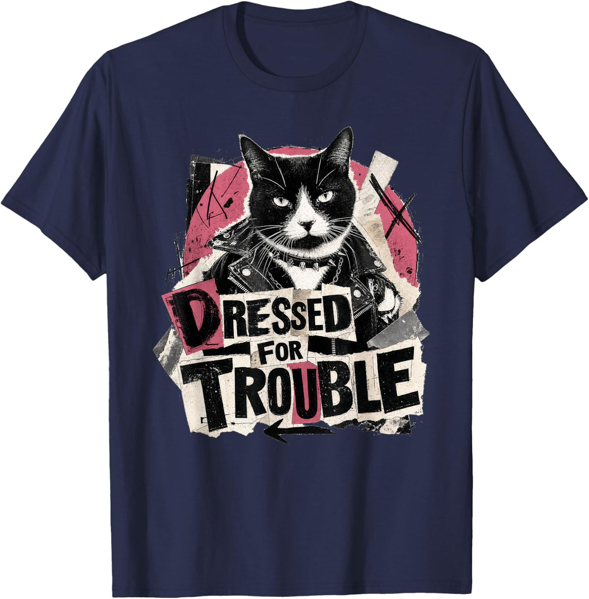 Dressed for Trouble Cat Punk Rocker Attitude T-Shirt - Navy Blue