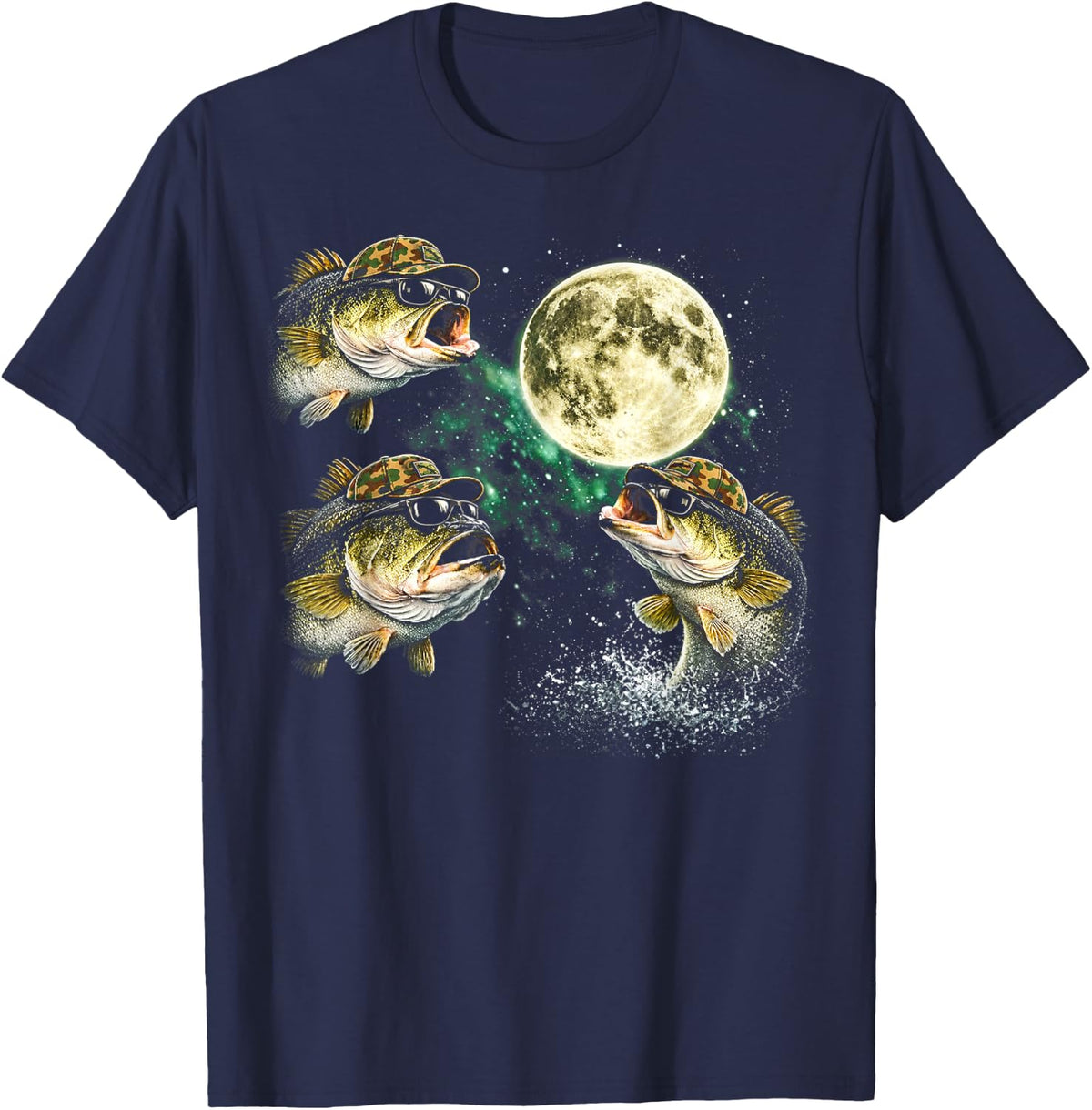Bass Fish Howling to The Moon Vintage Angler Fisherman T-Shirt - Navy Blue