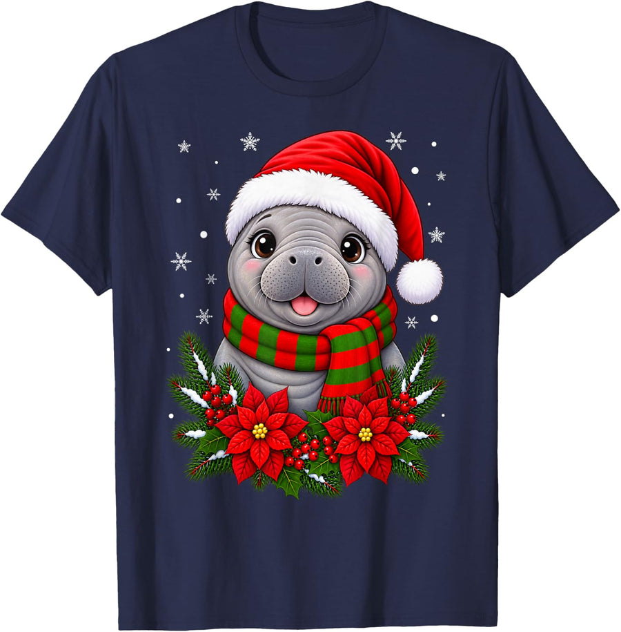 Cute Animal Festive Flowers Santa Hat Manatee Christmas T-Shirt - Navy Blue