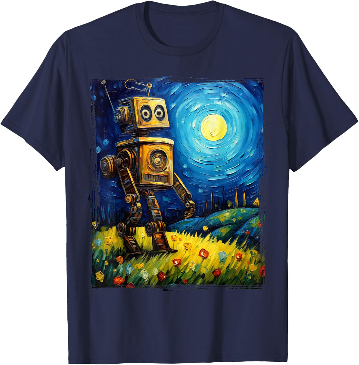 Vintage Robot Art Van Gogh Toy Robot Builder Robotics T-Shirt - Navy Blue