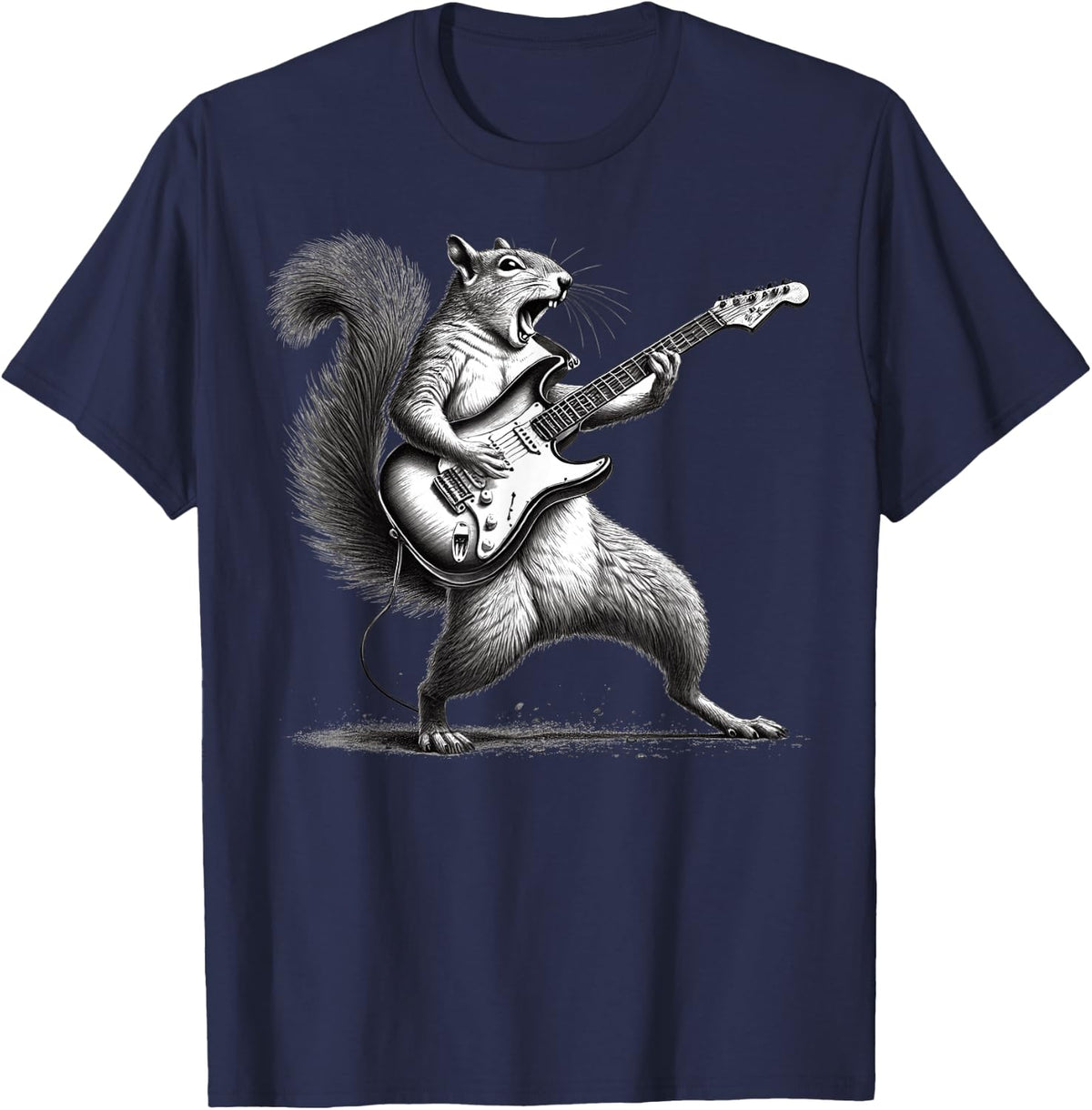 Squirrel Playing Guitar Rock Star Rock and Roll T-Shirt - Navy Blue