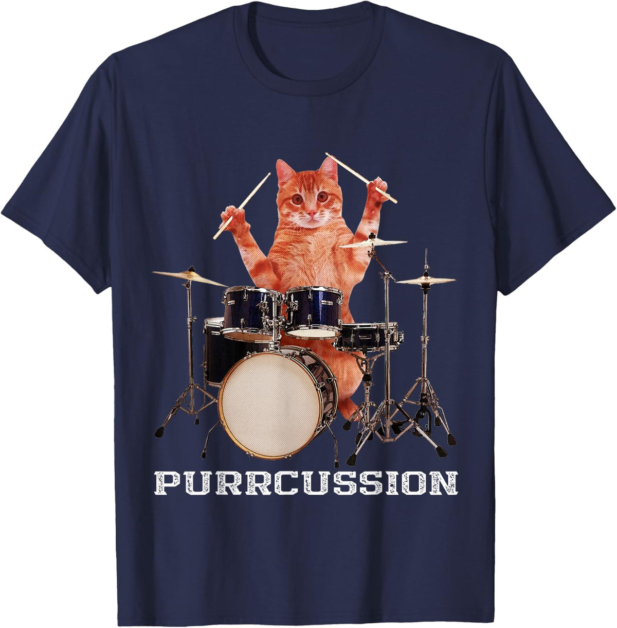 Funny Feline Musicians Shirts & Gifts - Purrcussion Cat Drummer T-Shirt - Black, Unisex, Adult, Small, Short Sleeve, Classic