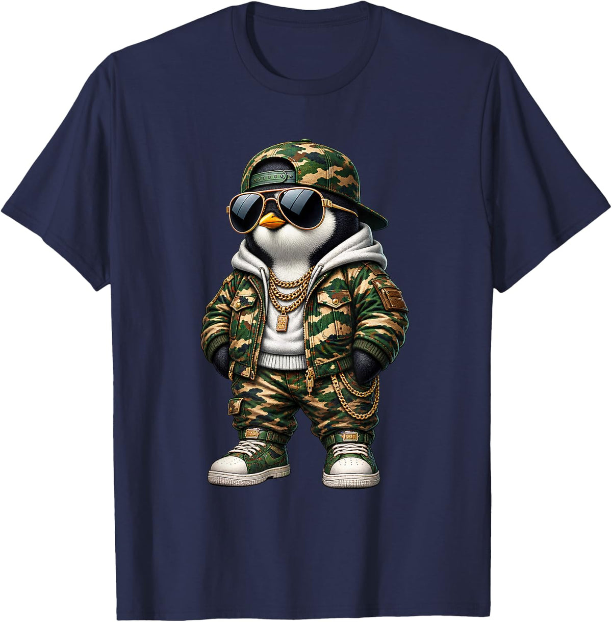 Camo Penguin Hip-Hop Streetwear-Urban Camouflage Penguin T-Shirt - Navy Blue